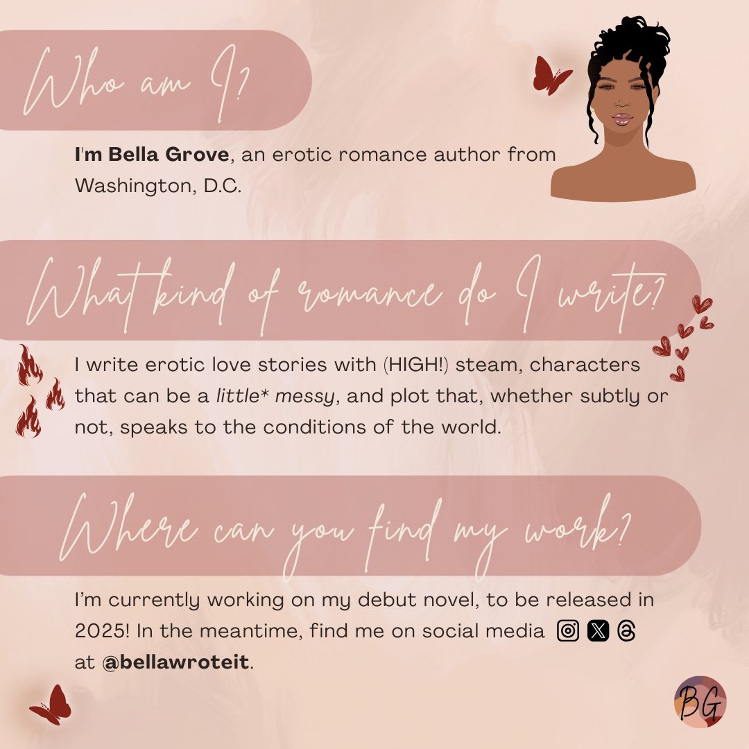 I’m Bella🤎 I write love stories with high steam ❤️‍🔥, a little bit of mess 🤭, &amp; guaranteed happy endings 🥰. I have lots in store for all you fellow fans of smutty romance, so stick around! 

#romancenovels #blackromanceauthor #indieromance #eroticromance #eroticaauthor