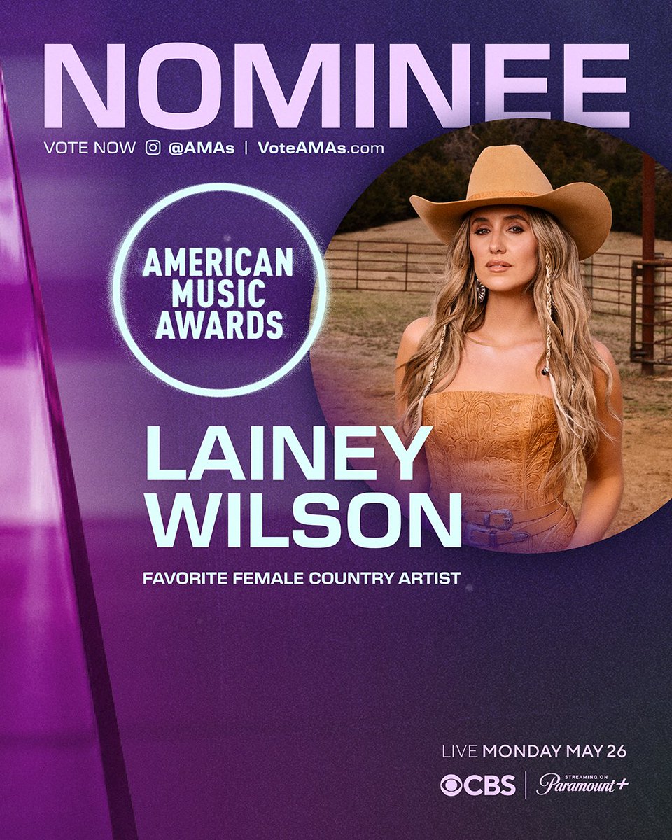 Grateful to be nominated for @amas’ Favorite Female Country Artist! 🫶🏼 Voting is open now through May 16th! ama.votenow.tv