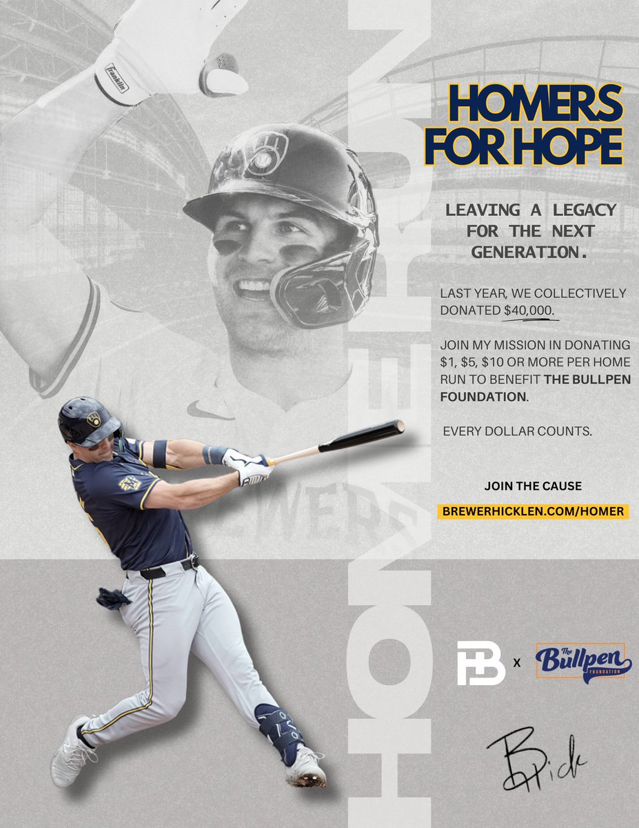 Year ✌🏼 - Homers for Hope

Brewerhicklen.com/homers

Join us in our quest to help inner city youth kids experience youth sports to the fullest! I will be donating $100 for every home run and hope you would consider joining!

0 home runs so far, so we need to get it going 😁