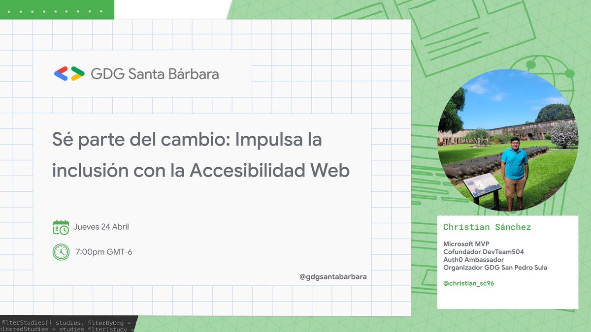GDG Santa Bárbara (@gdgsantabarbara) on Twitter photo Nos complace anunciar nuestro próximo evento junto a la comunidad <a href="/DevTeam504/">devTeam504🇭🇳</a>📢
📝Sé parte del cambio: Impulsa la inclusión con la Accesibilidad Web
👨💻<a href="/christian_sc96/">Christian Sánchez🇭🇳</a>🇭🇳
📆Jueves 24 Abril
⏰Hora:
🇭🇳🇲🇽7:00pm
Inscríbete aquí: gdg.community.dev/e/mnb7qd/ Nos complace anunciar nuestro próximo evento junto a la comunidad <a href="/DevTeam504/">devTeam504🇭🇳</a>📢
📝Sé parte del cambio: Impulsa la inclusión con la Accesibilidad Web
👨💻<a href="/christian_sc96/">Christian Sánchez🇭🇳</a>🇭🇳
📆Jueves 24 Abril
⏰Hora:
🇭🇳🇲🇽7:00pm
Inscríbete aquí: gdg.community.dev/e/mnb7qd/