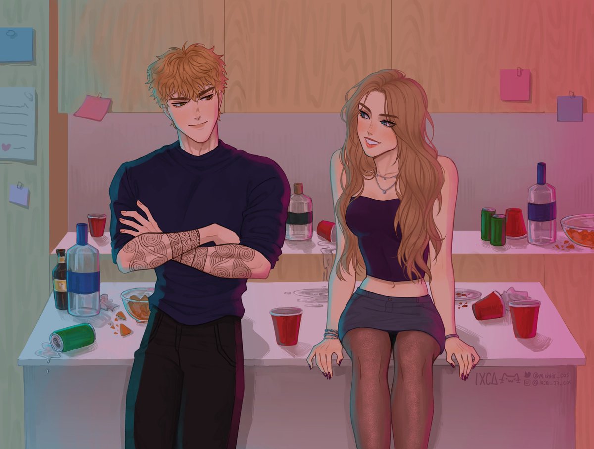 shanlizzies's tweet photo. With his arms folded across his chest, he stared down at the floor, looking mildly amused, as the blonde, who was sitting on the island beside him, swung her feet back and forth as she talked to him.

joey &amp; lizzie by ixca_27_cas 🤍
comm by me and @lizfems https://t.co/FUtBk7Ts35