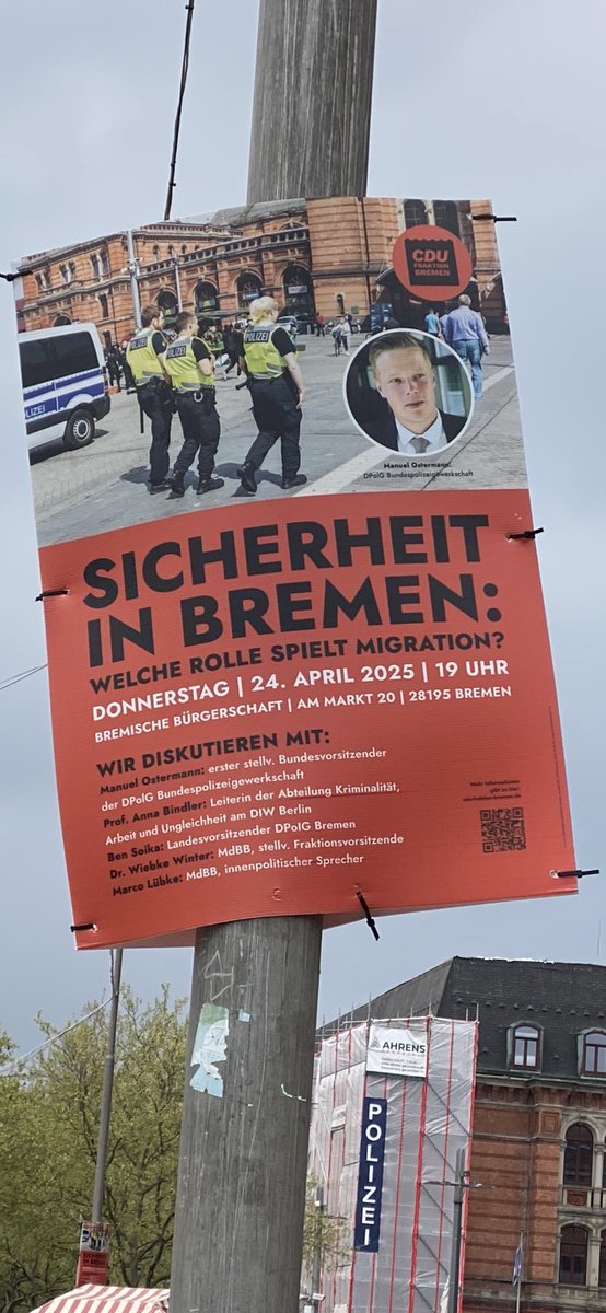 🚨 Morgen, 24.4, 18:30 vor der Bürgerschaft: Kundgebung gegen rassistisches Framing der #CDU Bremen! Ein Polizeigewerkschafter mit rechten Positionen ist geladen – wir sagen: Nicht mit uns! Kommt zahlreich &amp; laut! Orga: Bremer Privatpersonen #BremenGegenRechts #NieWiederIstJetzt