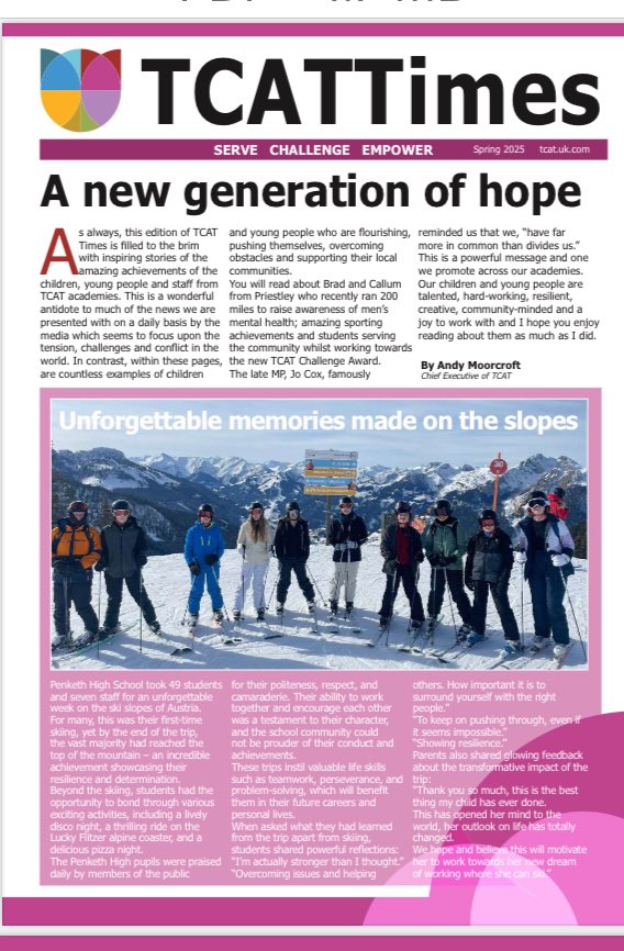We are delighted to share with you the latest TCAT Times publication. 
This once again captures the wonderful work, celebrations and achievements that have taken place across our academies and college during the spring term. 
Enjoy! 
tinyurl.com/4jfjw4pd
