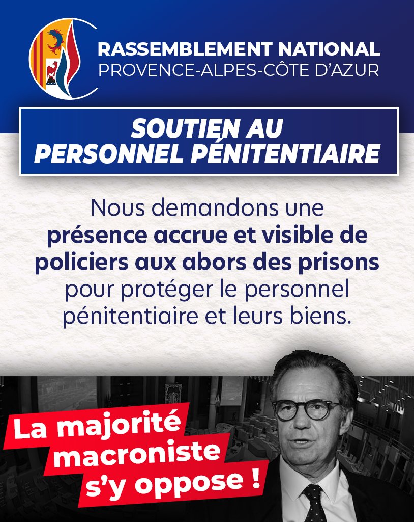 Rassemblement National PACA (@rn_paca) on Twitter photo 🟡🔴 SOUTIEN AU PERSONNEL PÉNITENTIAIRE
Nous demandons une présence accrue et visible de policiers aux abords des prisons pour protéger le personnel pénitentiaire et leurs biens.
➡️ <a href="/franckallisio/">Franck Allisio</a>
❌ La majorité macroniste s'y oppose ! 🟡🔴 SOUTIEN AU PERSONNEL PÉNITENTIAIRE
Nous demandons une présence accrue et visible de policiers aux abords des prisons pour protéger le personnel pénitentiaire et leurs biens.
➡️ <a href="/franckallisio/">Franck Allisio</a>
❌ La majorité macroniste s'y oppose !