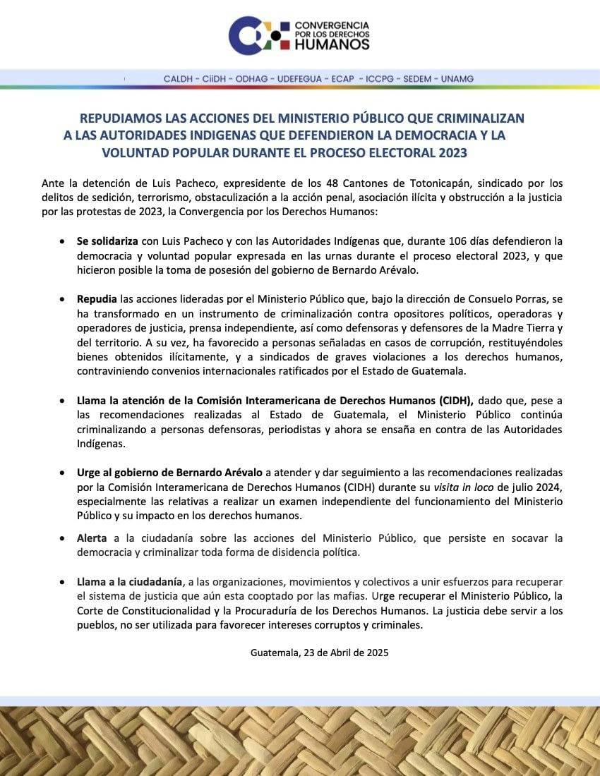 Repudiamos las acciones del MP que Criminalizan a las Autoridades Indígenas que defendieron la #Democracia y la Voluntad Popular durante el Proceso Electoral 2023. #NoMásCriminalización