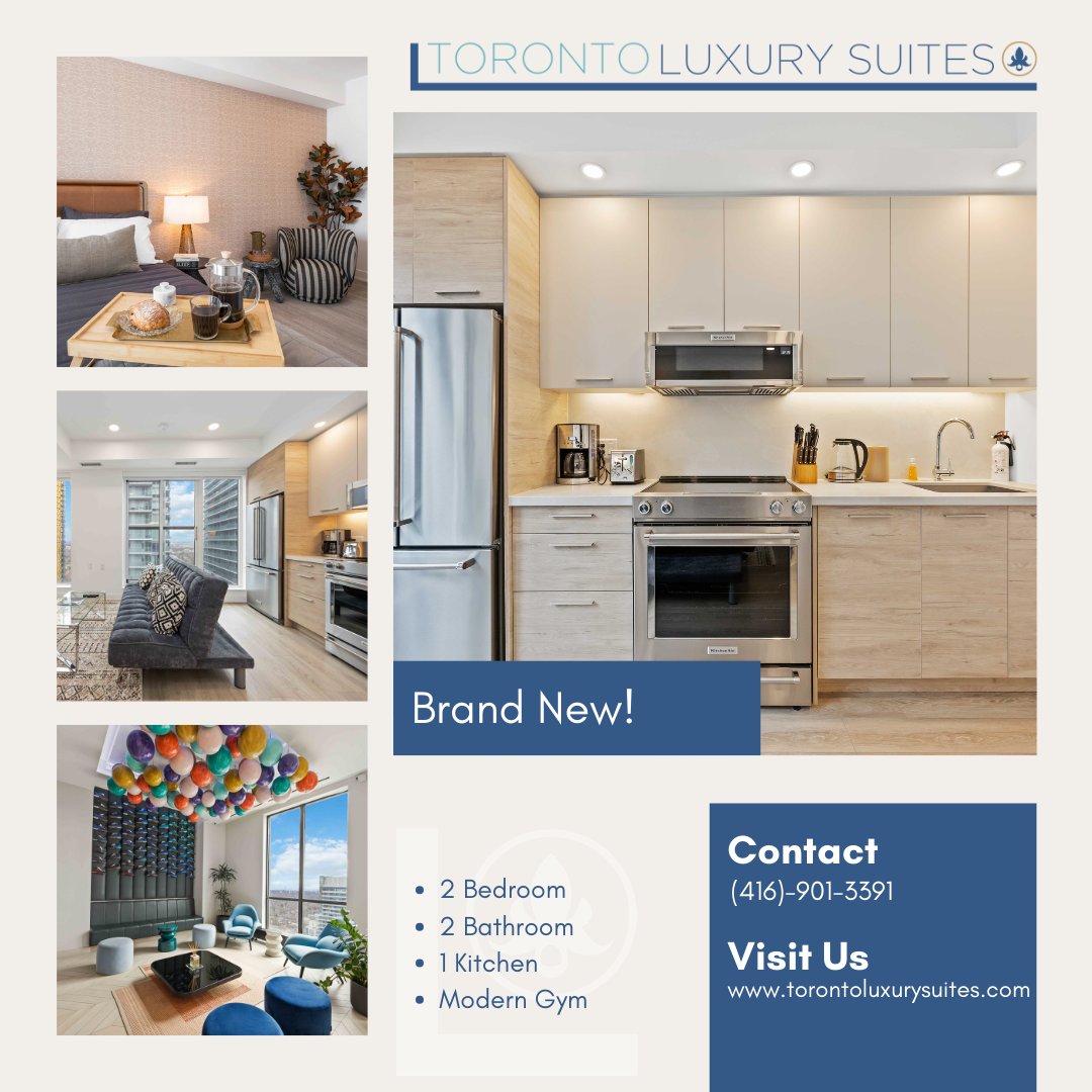 Welcome to modern elegance in the heart of the city

2 Bedrooms | 2 Bathrooms | Sleek Kitchen |  Modern Gym
Enjoy bright, open spaces and stunning views – perfect for work, play, and everything in between.

📞 Contact: (416)-901-3391  
🌐 Visit:  torontoluxurysuites.com