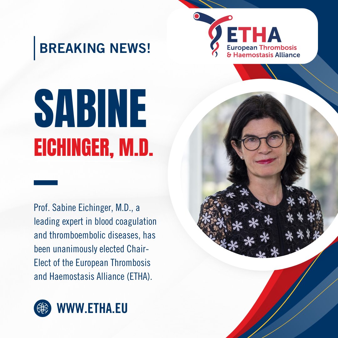 European Thrombosis & Haemostasis Alliance (ETHA) (@europeantha) on Twitter photo We're thrilled to welcome Prof. Dr. Sabine Eichinger as Chair-Elect of <a href="/EuropeanTHA/">European Thrombosis & Haemostasis Alliance (ETHA)</a>! 🎉 A leading voice in thrombosis & hemostasis, she brings deep expertise, global perspective & ISTH leadership. Congrats on this well-deserved appointment! 🙌
#ETHA #ISTH2025 #Leadership We're thrilled to welcome Prof. Dr. Sabine Eichinger as Chair-Elect of <a href="/EuropeanTHA/">European Thrombosis & Haemostasis Alliance (ETHA)</a>! 🎉 A leading voice in thrombosis & hemostasis, she brings deep expertise, global perspective & ISTH leadership. Congrats on this well-deserved appointment! 🙌
#ETHA #ISTH2025 #Leadership
