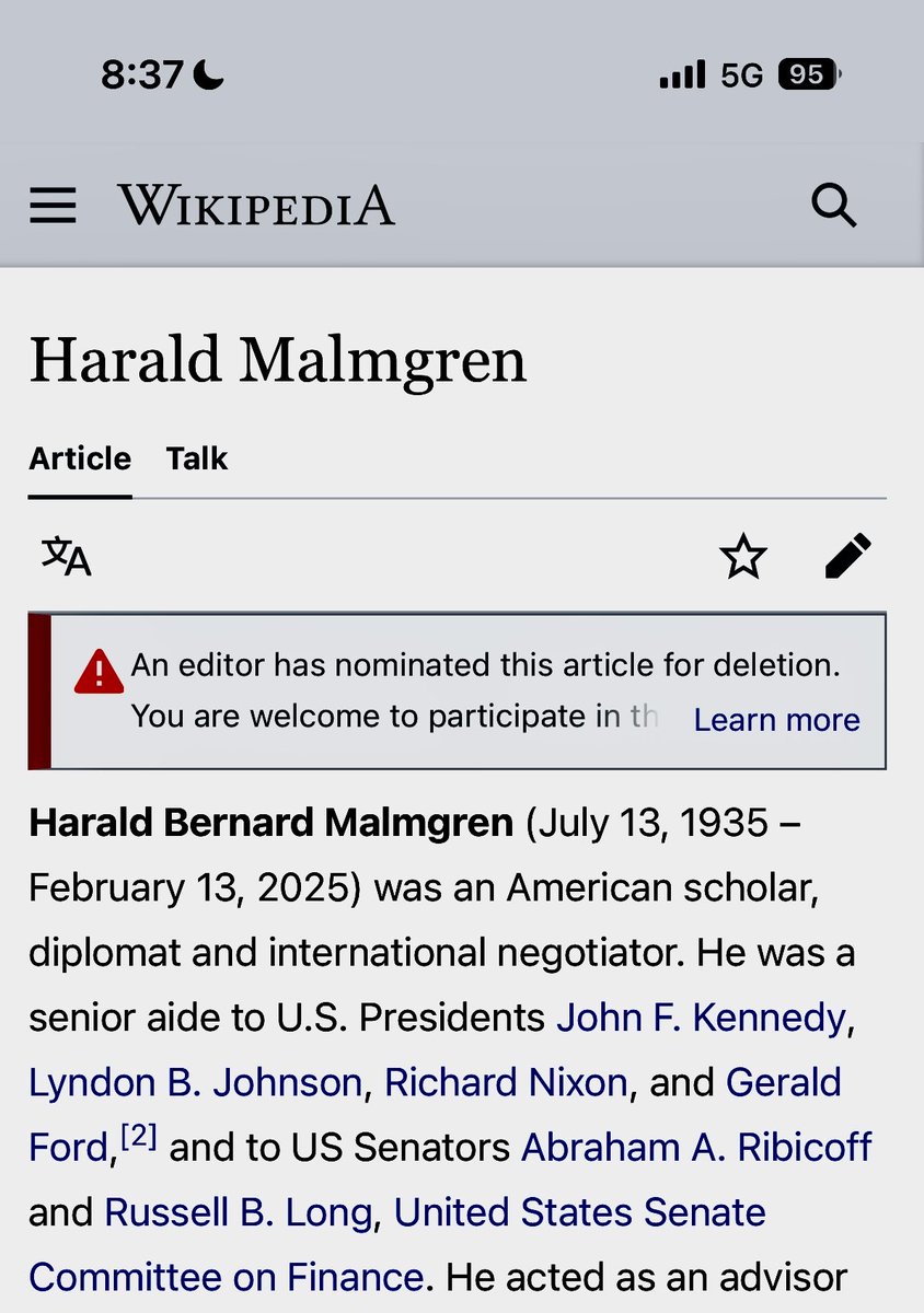 AlchemyAmerican's tweet image. Someone is now trying to delete Harald Malmgren’s Wikipedia (@Wikipedia) page. Absolutely shameless. Erasing the public record of a man who selflessly served his country for decades at the highest levels - saving the world in its most dire moment. Appalling.