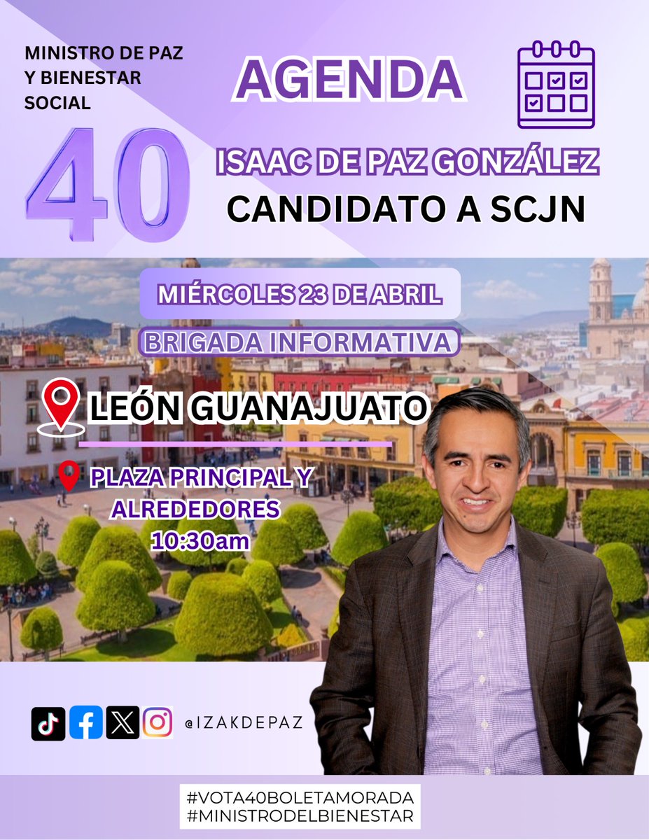 IzakDepaz's tweet photo. Hola, compañeros tendré #BrigadaInformativa hoy en 📍 León, Guanajuato.
Andaré en la plaza principal y alrededores partir de las 10:30 am.
🟣1 de junio ¡Vota número #40 de la boleta morada!🟪 #ElMinistroDelBienestar
#ElecciónJudicial https://t.co/op3TPa52gV