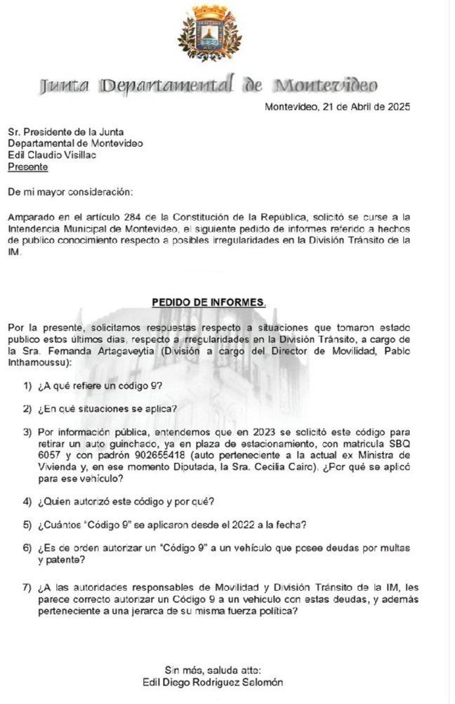 Gracias a las redes sociales, nos enteramos que existe un "código 9", que permite a unos elegidos zafar de multas y costos de guinchado, algo que hasta ahora era secreto. Lo prueba este pedido de informes del edil <a href="/Diego__RS/">Diego Rodríguez</a>