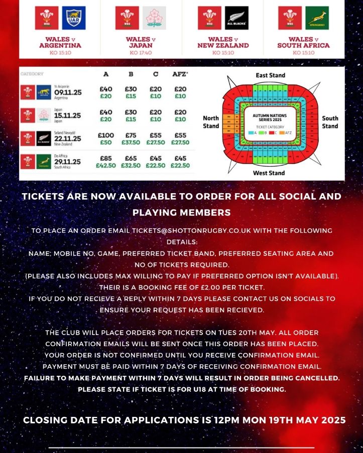 We are now taking Pre-orders for Autumn International tickets. Please note the ticket prices will increase by £5 (£2.50 U18's) on 16th June once they go on general sale. Their is no max or min ticket orders but remember their is also an additional club booking fee of £2/ticket.