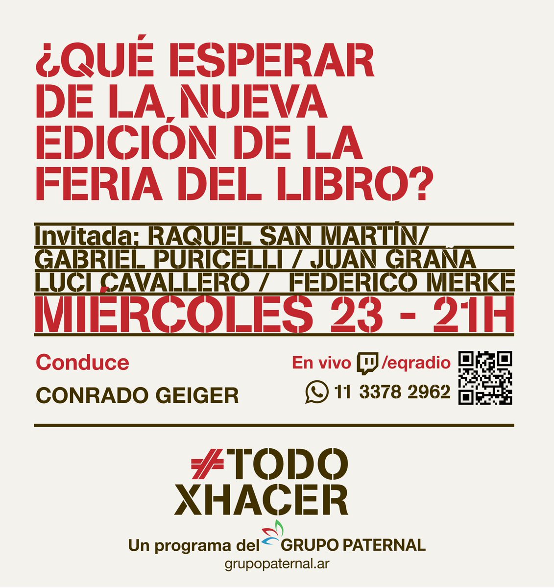 Grupo_Paternal (@grupo_paternal) on Twitter photo Hoy a las 21hs. en el #streaming progresista del #GrupoPaternal por twitch.tv/eqradio
nos acompañarán <a href="/rachelsanmartin/">Raquel San Martín</a> <a href="/SoyPuri/">Gabriel Puricelli #MovimientoAlCongreso</a> <a href="/JuanMGrana/">Juan M. Graña 🧡💚</a> <a href="/lucicava86/">Luci Cavallero</a> Federico Merke y <a href="/holasolprieto/">Sol Prieto</a>.
Conduce: Conrado Geiger.
¡Nos vemos allí! Tenemos #Todoporhacer Hoy a las 21hs. en el #streaming progresista del #GrupoPaternal por twitch.tv/eqradio
nos acompañarán <a href="/rachelsanmartin/">Raquel San Martín</a> <a href="/SoyPuri/">Gabriel Puricelli #MovimientoAlCongreso</a> <a href="/JuanMGrana/">Juan M. Graña 🧡💚</a> <a href="/lucicava86/">Luci Cavallero</a> Federico Merke y <a href="/holasolprieto/">Sol Prieto</a>.
Conduce: Conrado Geiger.
¡Nos vemos allí! Tenemos #Todoporhacer