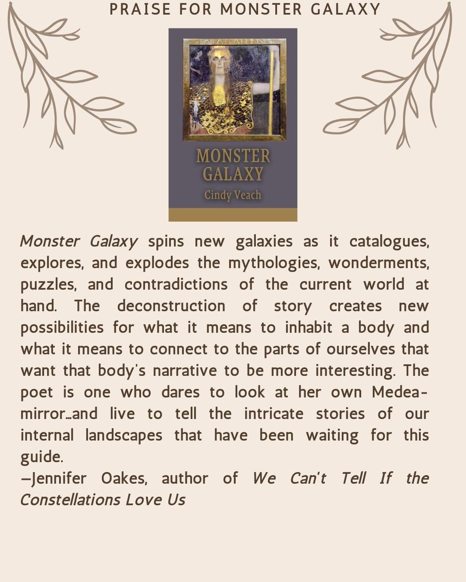 Sharing the final blurb for MONSTER GALAXY! Thank you to Jennifer Oakes for her kind words about my newest poetry collection! MONSTER GALAXY (MoonPath Press), releases April 30! Preorders available from Bookshop. 

bookshop.org/p/books/monste…