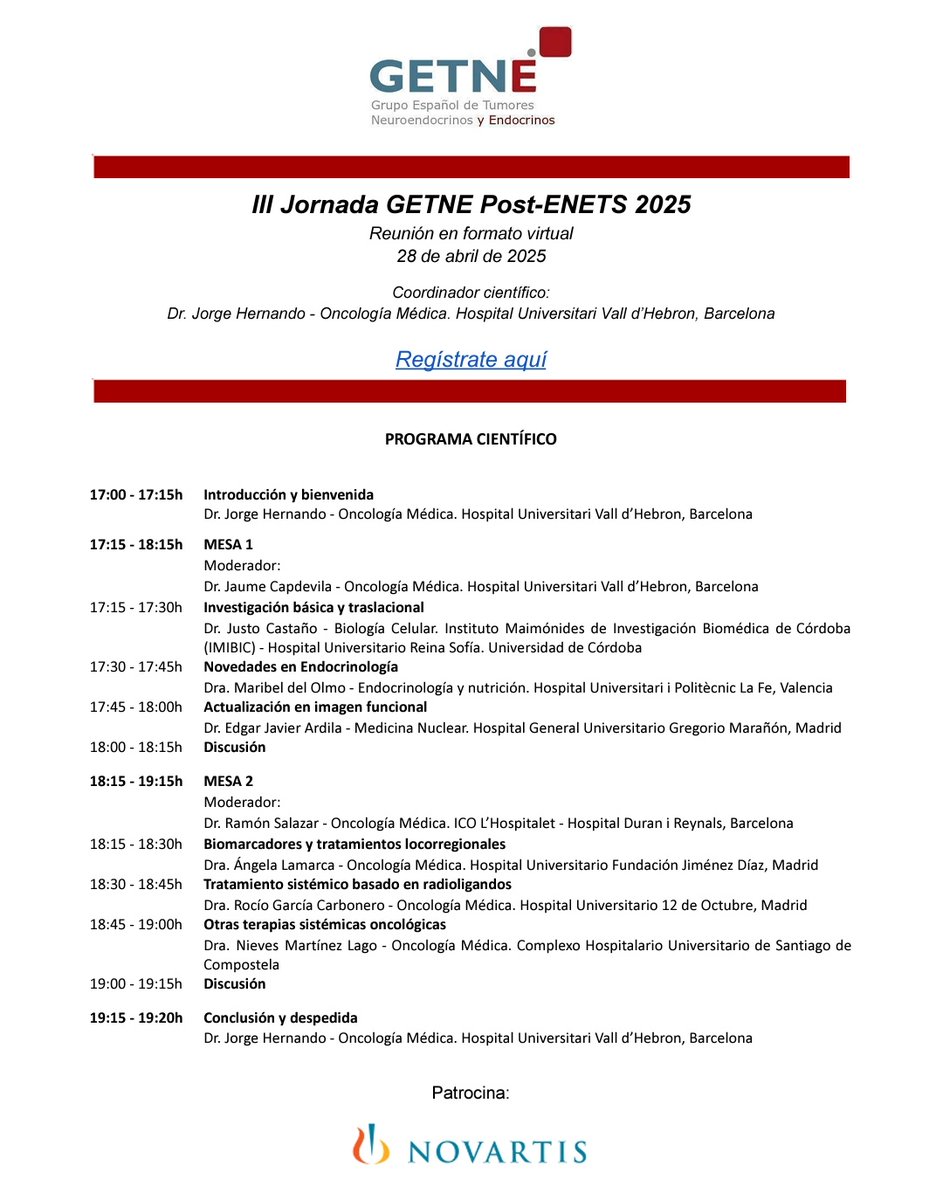 Grupo GETNE (@grupogetne) on Twitter photo Si no pudiste asistir al último congreso #ENETS25 o quieres repasar todas las novedades que se presentaron en Cracovia, os invitamos a la próxima jornada online post-ENETS.
Info e inscripciones en getne@getne.org
Os esperamos‼️ Si no pudiste asistir al último congreso #ENETS25 o quieres repasar todas las novedades que se presentaron en Cracovia, os invitamos a la próxima jornada online post-ENETS.
Info e inscripciones en getne@getne.org
Os esperamos‼️