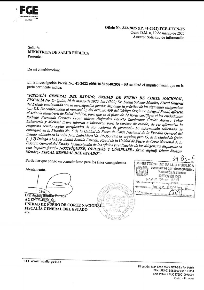 La <a href="/FiscaliaEcuador/">Fiscalía Ecuador</a> solicitó al <a href="/Salud_Ec/">Ministerio de Salud Pública 🇪🇨</a> información laboral de los médicos —públicos y privados— que integraron la mesa técnica conformada a pedido de la <a href="/CIDH/">CIDH - IACHR</a> en el 2022, para evaluar el estado de salud de <a href="/JorgeGlas/">Jorge Glas</a>. Se judicializa incluso el cumplimiento de estándares