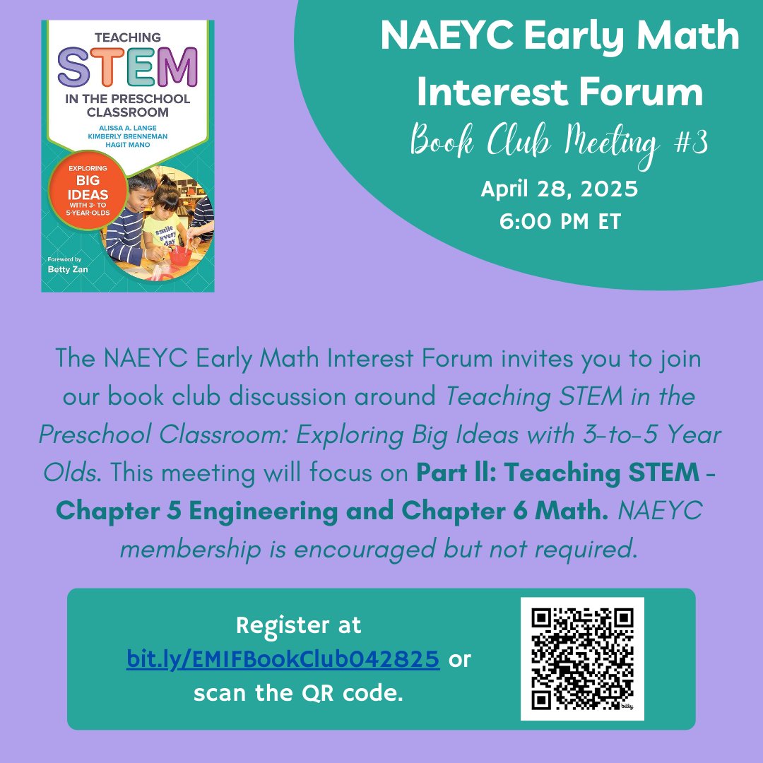 EriksonInst's tweet image. Join our partners at @naeycearlymath to discuss the book Teaching STEM in the Early Childhood Classroom: Exploring Big Ideas with 3-5 Year-Olds on Monday, April 28th at 5pm CT.  Register here: bit.ly/EMIFBookClub04… 

#earlymath #eriksoninstitute