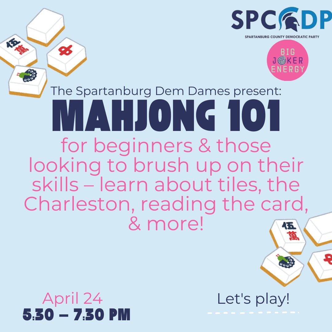 Please consider joining us at headquarters tomorrow with the Spartanburg Dem Dames for a Mahjong 101 Class at 5:30pm! 🫶🏼💜

The class is designed to introduce players to the basics of the game of American Mahjong! 

Get tickets &amp; more info HERE: 

secure.actblue.com/donate/demda...