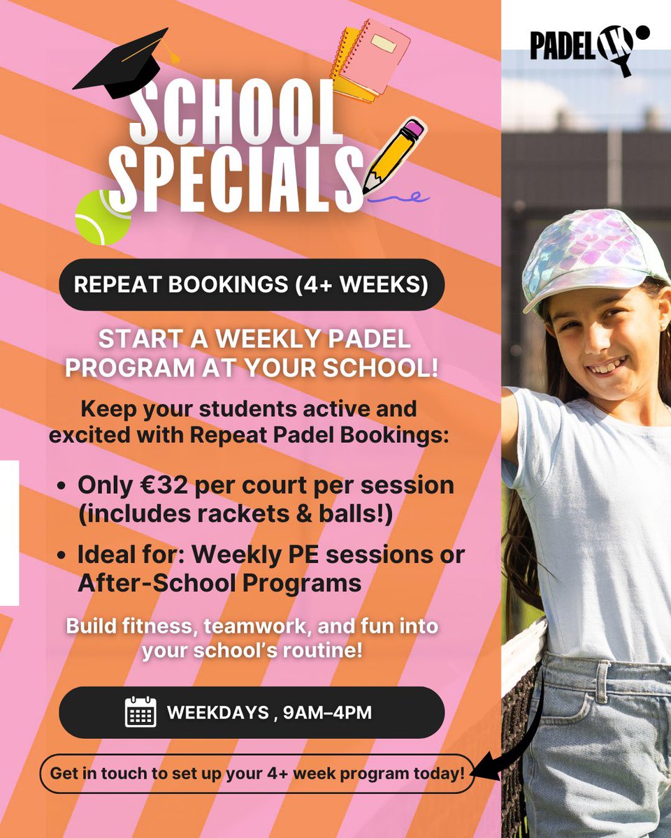 We are thrilled to share our Schools Specials at Padel LK. 

Padel is a very inclusive sport and we would be delighted to support even more schools from near &amp; far with the introduction of Padel! 🎾

Send us a DM or drop us an email for more. 📨