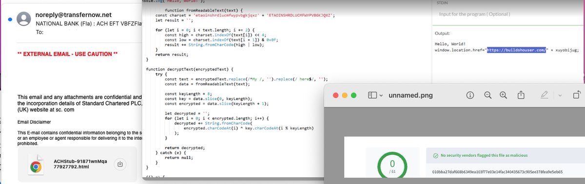 Malicious HTML attachment detected by NACE: Obfuscated code having a phishing URL found. Attachment has a VT score of 0.  #EmailSecurity #Phishing #ThreatDetection #NACE #GenAI