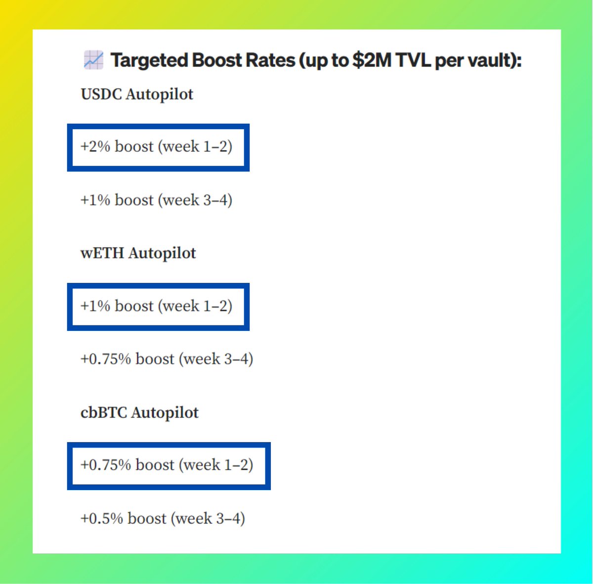 Autopilot vaults on <a href="/harvest_finance/">Harvest</a> are here!

Take advantage of the early boost weeks now

USDC, wETH, cbBTC — all 3 on the <a href="/base/">Base</a> network