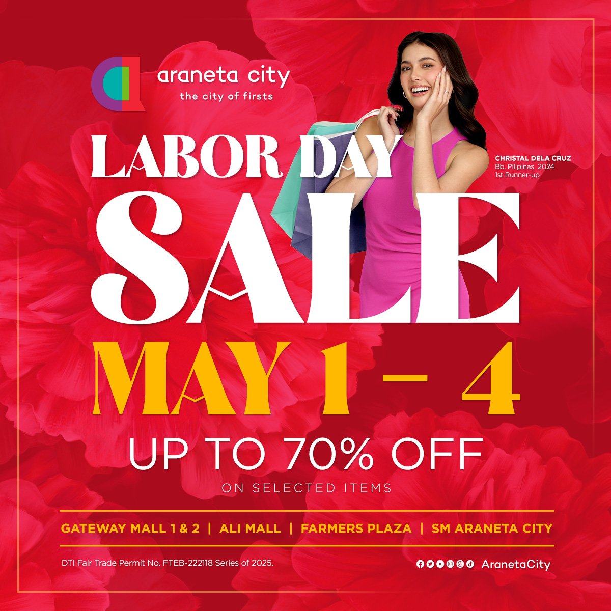 Mark your calendars now for May 1–4 and don’t miss out on Araneta City's 𝐋𝐚𝐛𝐨𝐫 𝐃𝐚𝐲 𝐒𝐀𝐋𝐄! 📷📷

Enjoy up to 70% off when you shop at Gateway Mall 2, Gateway Mall 1, Ali Mall, Farmers Plaza, and SM Araneta City! See you there!

#CityOfFirsts #AranetaCity #GatewayMall2