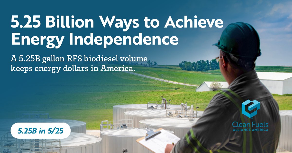 Biodiesel_Voice's tweet photo. Energy security starts with homegrown biodiesel and renewable diesel. A 5.25B gallon RFS biodiesel volume is the next step toward meeting growing energy demands while supporting American innovation: https://t.co/5JlOFV3Ymc #525in525 @epaleezeldin https://t.co/KOVhnQaHct