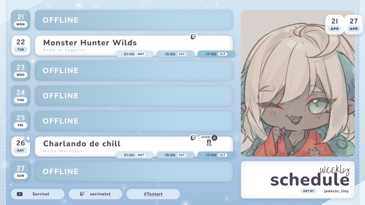 Serrivel's tweet photo. 🦑SCHEDULE / Horario semanal✨
📅Abril 21 - Abril 27
Heya!
Estoy tomándomelo en serio!!
soy una sepia mayor... 🫣
★━━━━━━━━━━━━━━━━━━━━★
💠Tag #Serrivel 💠Fans: #Tentas
💠arte: #Tentart💠+18:#Tentascion
★━━━━━━━━━━━━━━━━━━━━★
YT🟥https://t.co/2Xbu8dfXww TW🟪https://t.co/uIGqZKXq7j