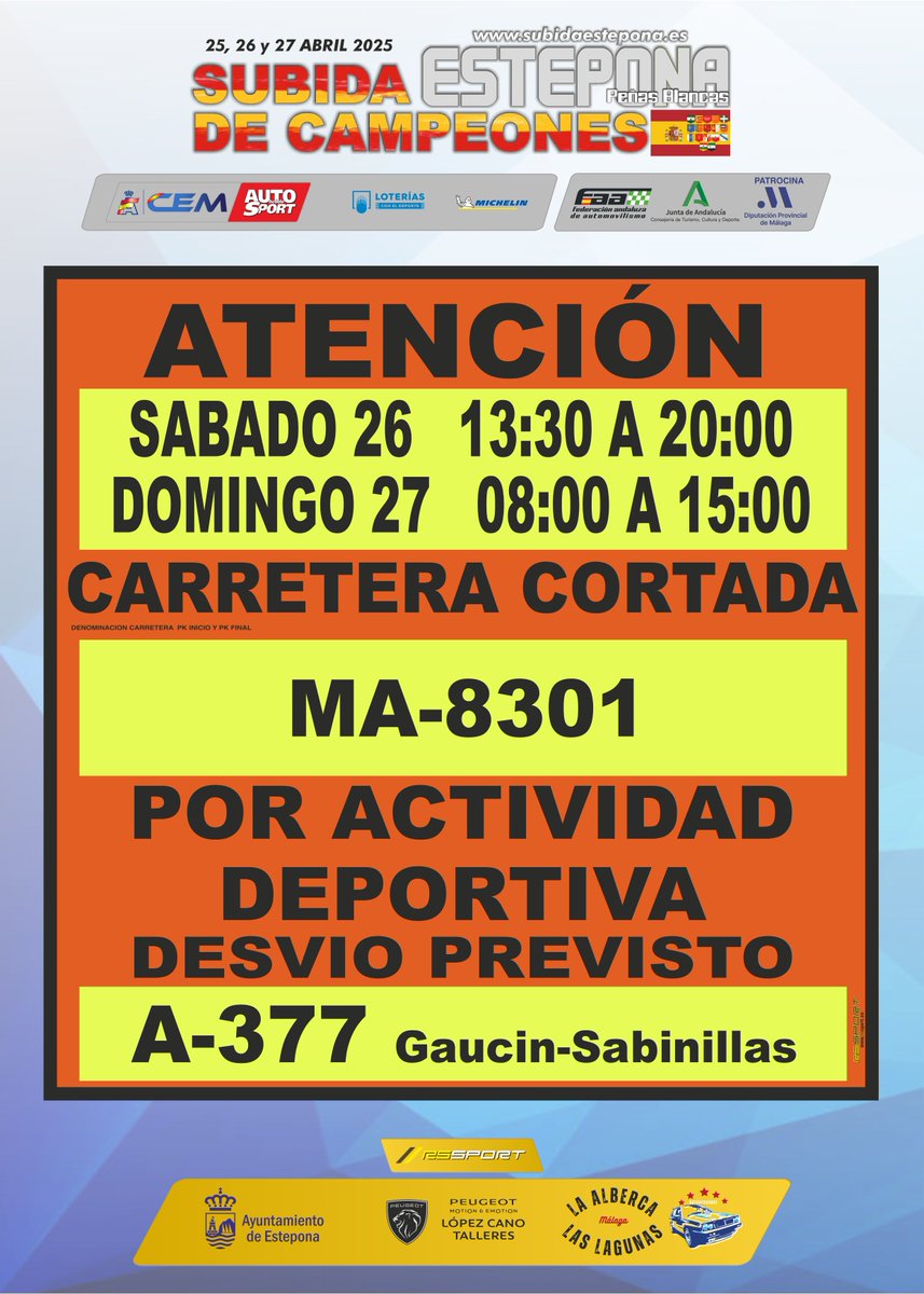Recuerda los horarios cortes de carretera en esta #subidaestepona2025. Que no te pillen de sorpresa.