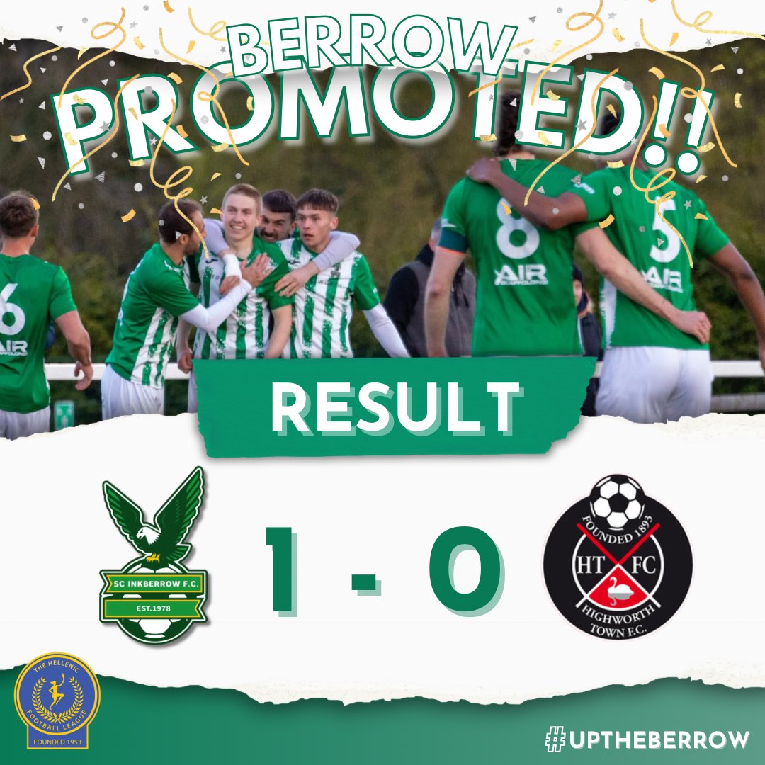 BERROW ARE PROMOTED! | 🟢⚪️

We are going up, say we are going up! ⬆️

Our third place finish, followed by winning the play offs. Means we will be playing at step 4 next season

We’re very excited to get started and continue this incredible journey we’re on!
💚🤍

#UpTheBerrow 🦅