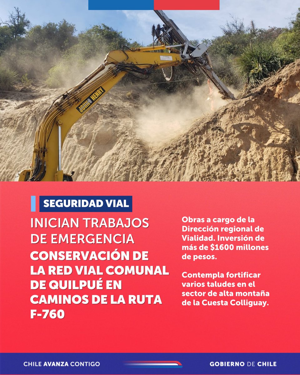 MOPValparaiso's tweet photo. #ObrasMOP |  Inician obras de emergencia de conservación de la red vial comunal de #Quilpué, caminos de la Ruta  F-760, consistentes en fortificar varios taludes sector de alta montaña Cuesta de Colliguay. Inversión de más de $1600 millones de pesos. https://t.co/nXTrwowoQQ