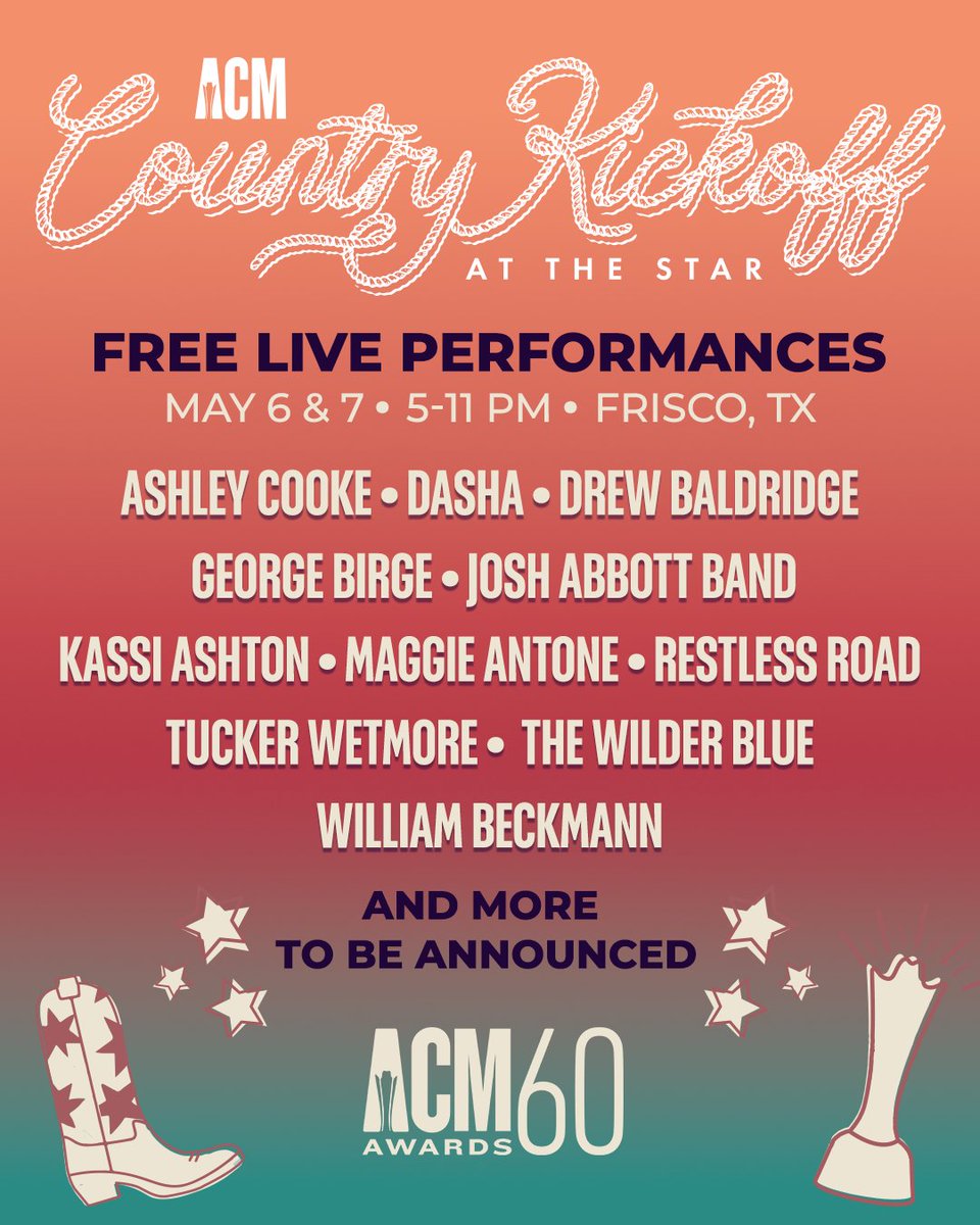 Get ready Country Music fans... ACM Country Kickoff is 🔙 to start #ACMawards week off right! 🤠

Join us May 6 &amp; 7 at <a href="/thestarinfrisco/">The Star In Frisco</a> for two nights of FREE LIVE PERFORMANCES from some of your favorite Country Music stars on the outdoor <a href="/Carhartt/">Carhartt</a> stage. 🎶🤩 Plus we'll have