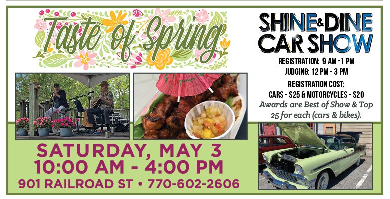 Conyers Taste of Spring and Car Show: Saturday, May 3
(Conyers, GA—April 23, 2025) The Conyers Taste of Spring Festival and Car Show will be held in Olde Town Conyers on Saturday, May 3, from 10:00 a.m.-4:00 p.m.
More than 60 arts &amp; crafts exhibitors &amp; food vendors are expected.