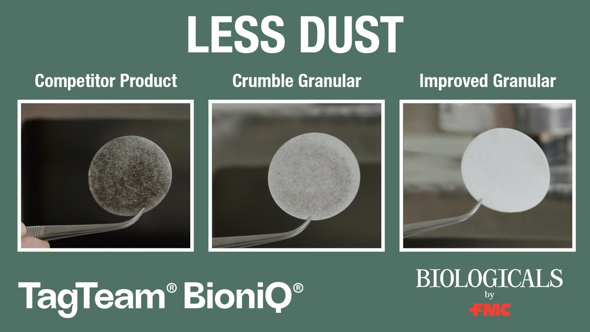 Less dust means easier handling, less drill cleaning, reduced buildup on applicators, and minimal product waste. TagTeam® BioniQ® also flows better for a cleaner, more efficient application in the field. Watch the test. bit.ly/42E918o
#BiologicalsByFMC
