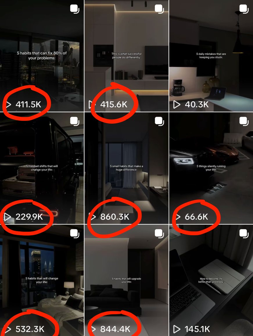 _mattwelter's tweet photo. 250-500k views per post w/ evergreen videos

1. narrative relates to productivity, habits, wealth, etc
2. all posts start with "5 things..." or "4 habits..." or "how to..."
3. images relate to the narrative (luxury images) https://t.co/Ap0ypB3hWD