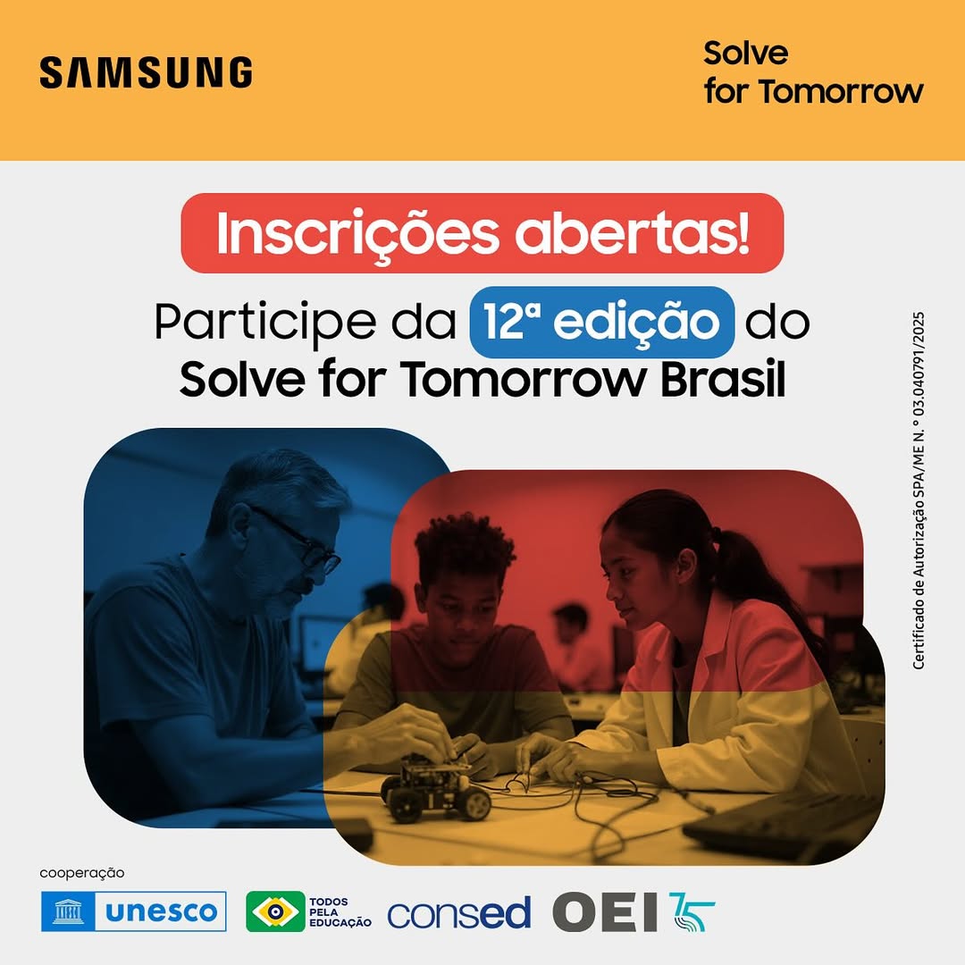 📢 Atenção, educadoras(es) que trabalham com o ensino médio na rede pública! Estão abertas as inscrições para a 12ª edição do Solve for Tomorrow Brasil, programa da Samsung com coordenação geral do Cenpec!

+ informações: solvefortomorrowbrasil.com.br