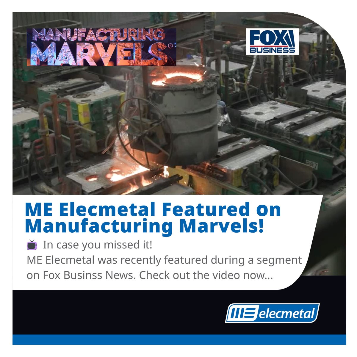 ME ELECMETAL's Duluth foundry was spotlighted on Fox Business Network’s Manufacturing Marvels! Discover how our commitment to operational excellence and sustainable mining is driving continuous improvement across our operations. 
👉 Watch: youtu.be/PLxhGUiGgSc #FoxBusinessNews