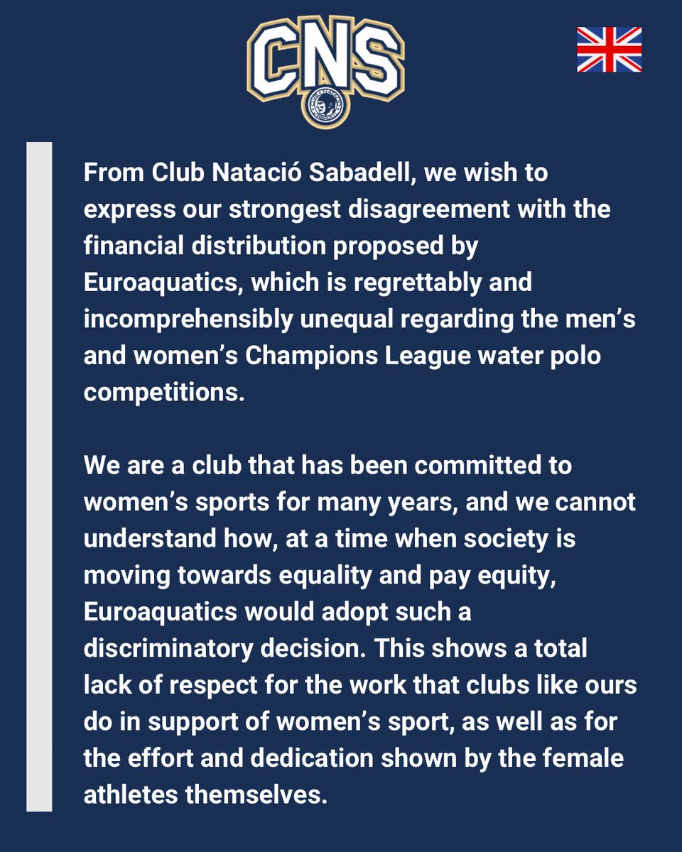 CN Sabadell (@cn_sabadell) on Twitter photo ❌👎🏻No compartim i rebutgem decisió <a href="/Euro_Waterpolo/">European Aquatics Water Polo</a> en relació repartiment econòmic competicions 🤽🏻♂️🤽🏻♀️Champions League
És una falta respecte a jugadores i als clubs que com nosaltres fa anys que apostem per l’esport femení i la igualtat
NOT THIS WAY!!
#somcnsabadell⚪️🔵 ❌👎🏻No compartim i rebutgem decisió <a href="/Euro_Waterpolo/">European Aquatics Water Polo</a> en relació repartiment econòmic competicions 🤽🏻♂️🤽🏻♀️Champions League
És una falta respecte a jugadores i als clubs que com nosaltres fa anys que apostem per l’esport femení i la igualtat
NOT THIS WAY!!
#somcnsabadell⚪️🔵