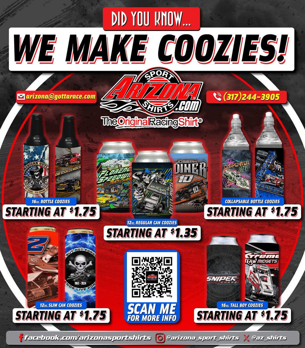 Keep your drink cold and make it look good while you're throwing back a few. Scan the QR code or contact us for more information on how to get coozies with your custom design.