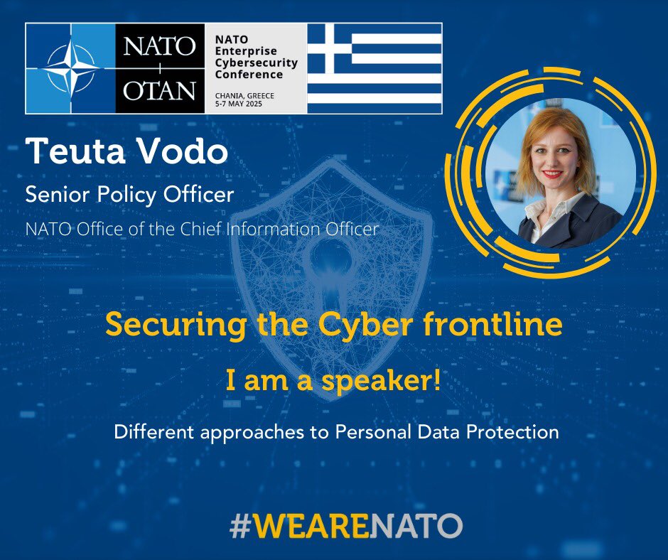I’ll be speaking at the NATO Enterprise Cybersecurity Conference 2025: Securing the Cyber Frontline, taking place in Greece from 5–7 May 2025.
Together with a panel of experts, we will discuss the oversight of enterprise-wide Personal Data Protection.
#NATO
#cybersecurity 
#PDP