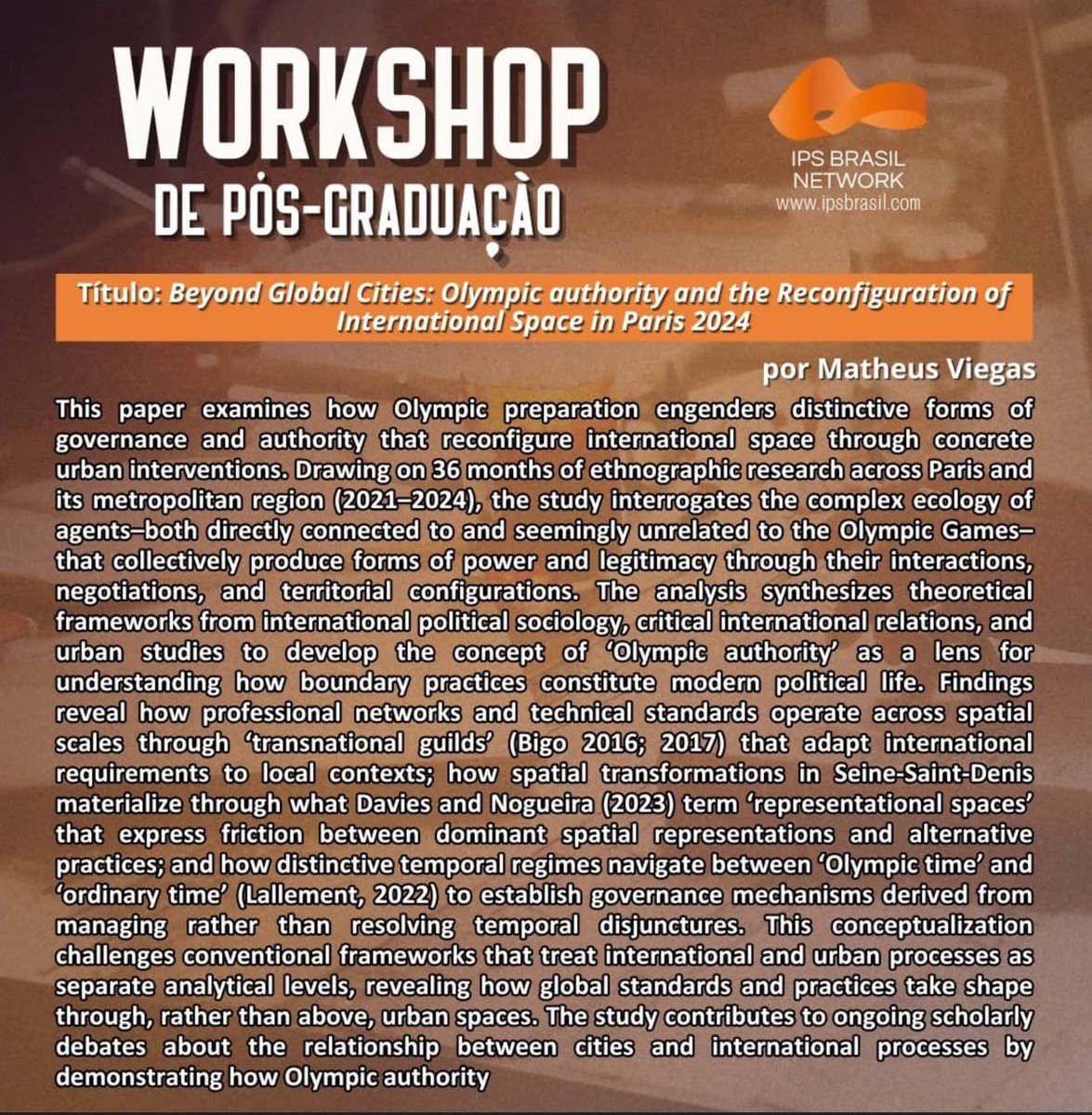 IPS Brazil Network (@brasilips) on Twitter photo Lembrete:
Temos o prazer de convidá-las/os para a primeira edição do Workshop de Pós-graduação de 2025 da Rede IPS Brasil, a ser realizado amanhã, 24/04, entre 15h e 17h (horário de Brasília), via Zoom.
Para receber o link e os textos envie um e-mail em: ipsrede@gmail.com Lembrete:
Temos o prazer de convidá-las/os para a primeira edição do Workshop de Pós-graduação de 2025 da Rede IPS Brasil, a ser realizado amanhã, 24/04, entre 15h e 17h (horário de Brasília), via Zoom.
Para receber o link e os textos envie um e-mail em: ipsrede@gmail.com