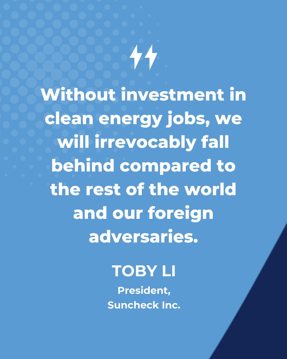 ce4aef's tweet image. “Without investment in clean energy jobs, we will irrevocably fall behind compared to the rest of the world and our foreign adversaries.” - Toby Li, President, Suncheck Inc.
Meet Toby Li: facesofcleanenergy.org/face-of-clean-…
#FacesofCleanEnergy