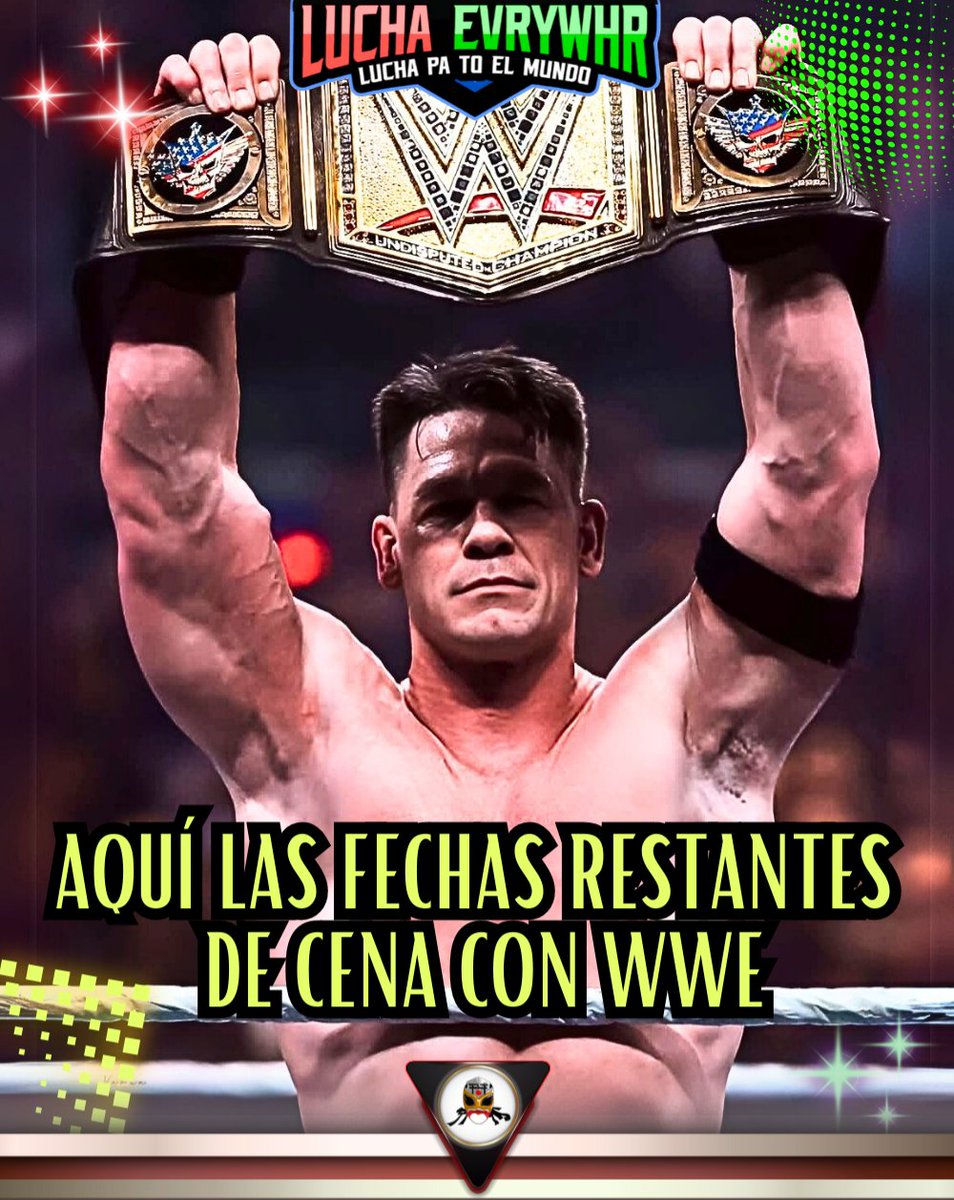 Fechas restantes para Cena

🔹️SD 25 Abril
🔹️SD  9 Mayo
🔹️Backlash
🔹️SNME 24 Mayo
🔹️SD  30 Mayo
🔹️SD  6 Junio
🔹️Money in the Bank
🔹️SD  13 Junio
🔹️SD 20 Junio
🔹️SummerSlam
🔹️SD  8 Agosto
🔹️Clash in Paris
🔹️PLE en Australia (Octubre)