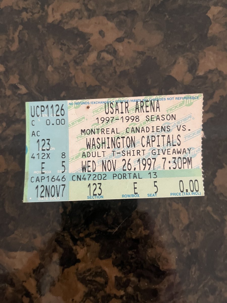 From the Vault 

Ahead of #ALLCAPS -#GoHabsGo GM2 

Original game sheet &amp; ticket from #Caps-#Habs in final game played @ Capital Centre (USAIR Arena) in Landover MD (Nov.26, 1997)

MTL beat WSH 6-5

Prior to game, WSH retired Rod Langway's #5

Items given to me by HOFer Ron Weber