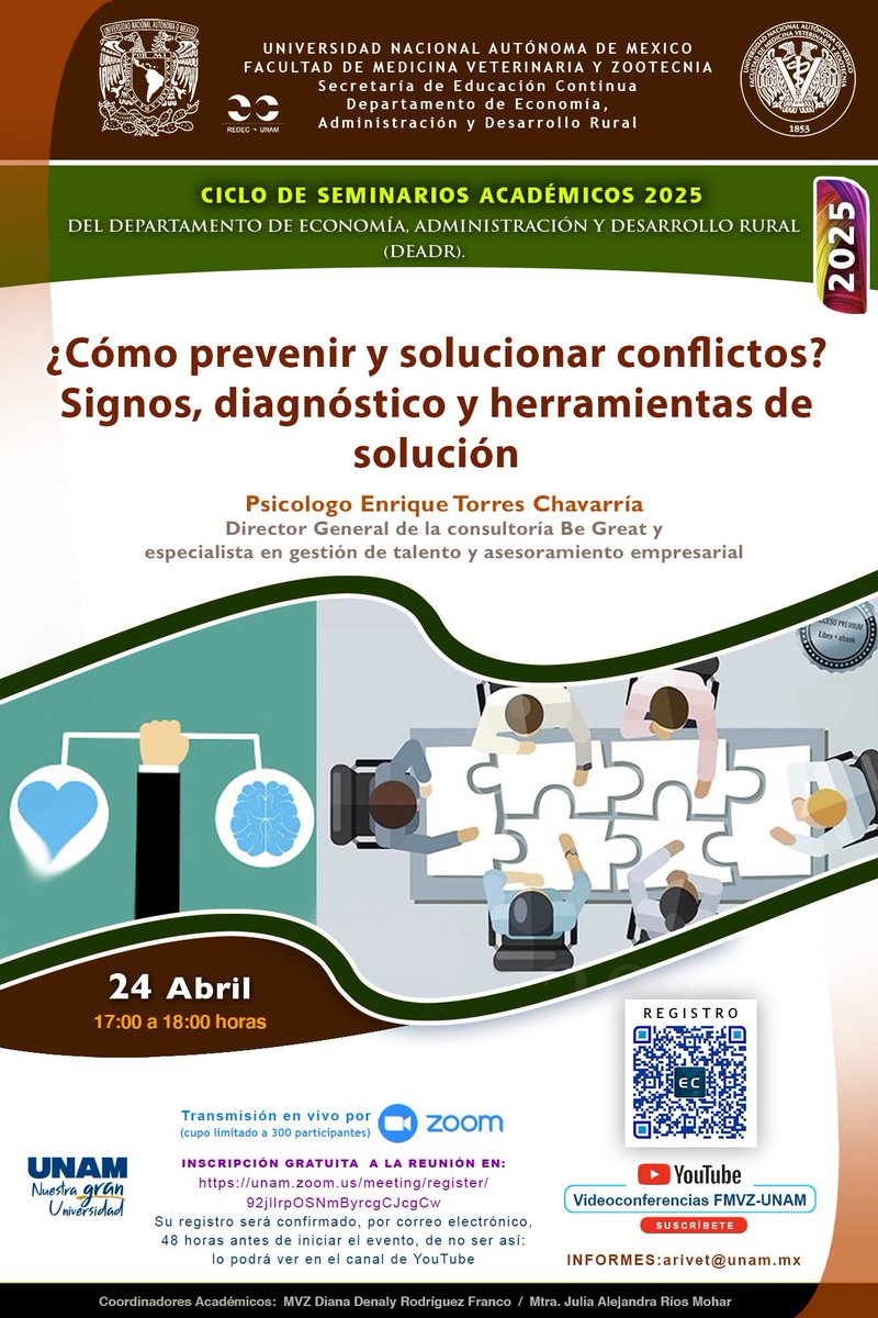#NoTeLoPuedesPerder | Nos vemos mañana a las 17 horas en el #CicloDeSeminariosAcadémicos, hablaremos sobre "¿Cómo prevenir y solucionar conflictos? Signos, diagnóstico y herramientas de solución".
Registro👉 goo.su/tHfot