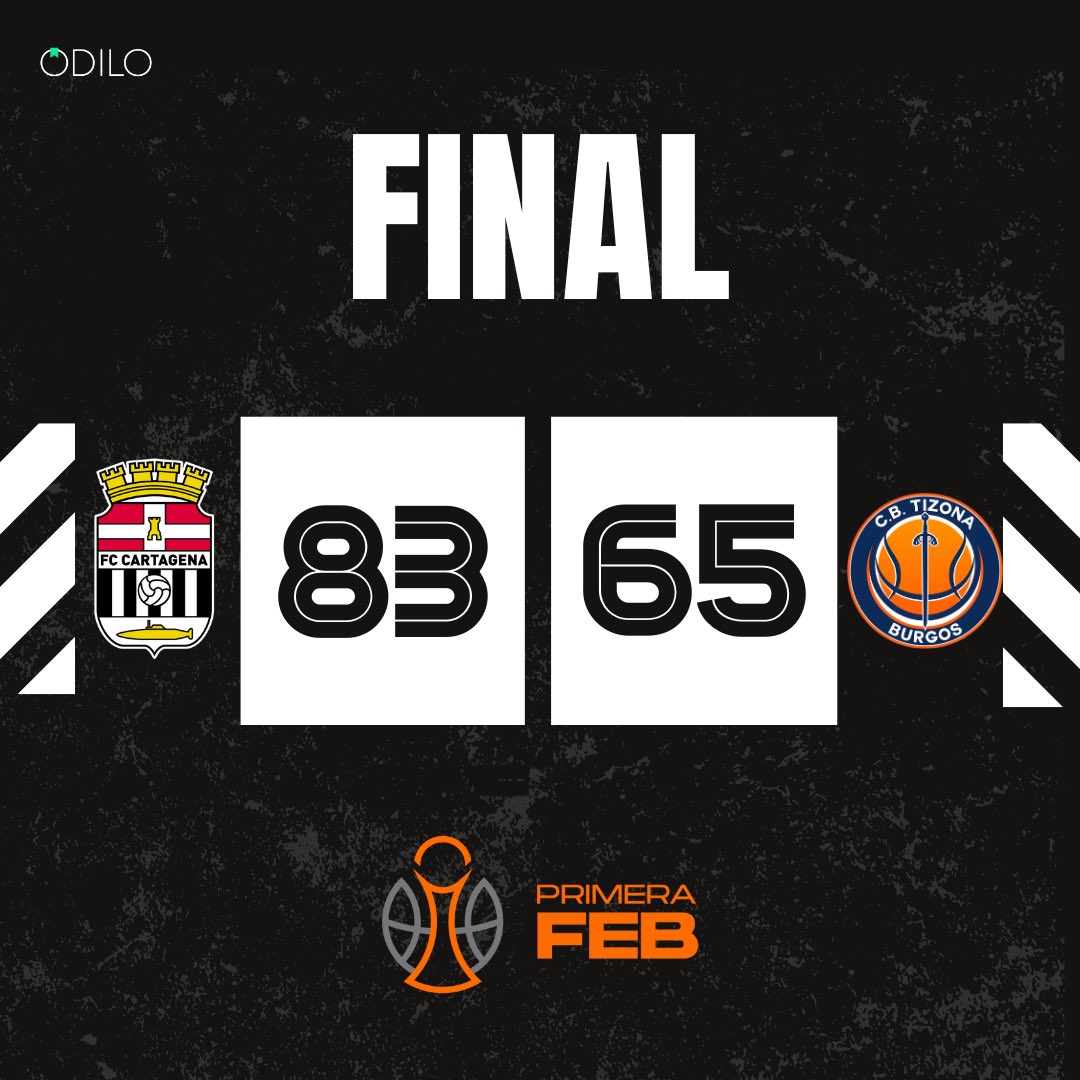 Odilo FC Cartagena CB (@cb_cartagena) on Twitter photo ⌚️ FINAL /
✅ ¡ Que partidazo ! GRANDE EQUIPO !
🔲 83 Odilo FC Cartagena
🟦 65 <a href="/cb_tizona/">Grupo Ureta Tizona Burgos</a>
#VamosCebé 🤍🖤 #PrimeraFEB ⌚️ FINAL /
✅ ¡ Que partidazo ! GRANDE EQUIPO !
🔲 83 Odilo FC Cartagena
🟦 65 <a href="/cb_tizona/">Grupo Ureta Tizona Burgos</a>
#VamosCebé 🤍🖤 #PrimeraFEB