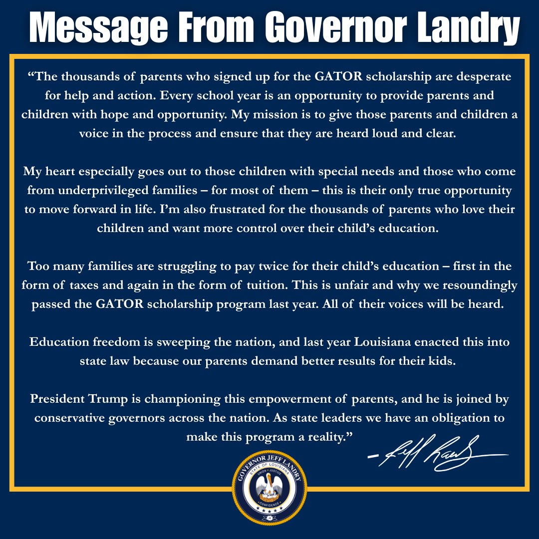 LAGovJeffLandry's tweet image. Today’s failure to move the Gator contract forward puts the Department of Education in crisis mode and threatens their ability to place these children, many of them with disabilities and living in poverty, with a proper education for next year.