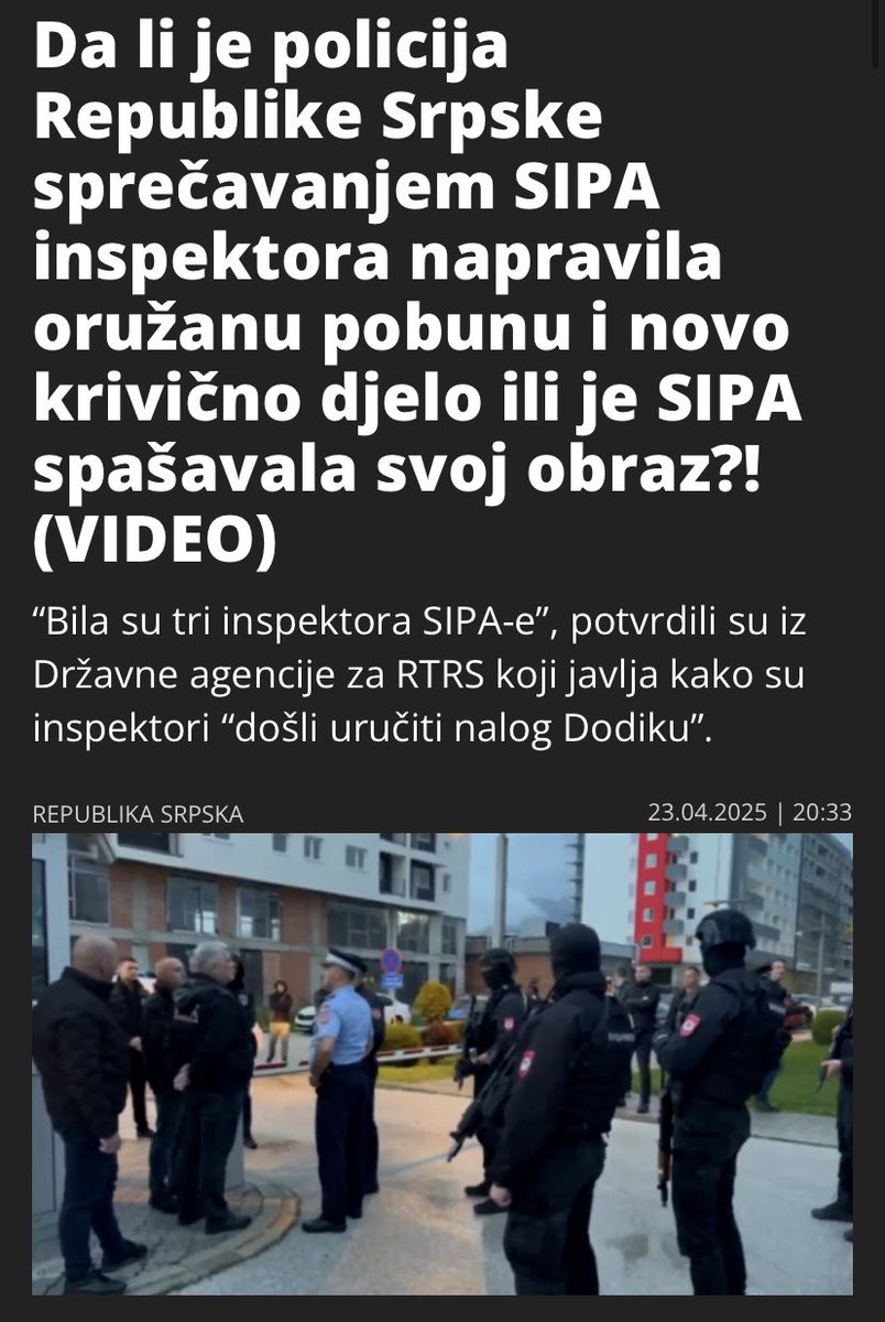 Those who have delayed Dodik’s arrest, through malign intent or sheer incompetence, have helped along BiH’s most dangerous security crisis since 1995. Tonight, it’s clear RS entity police is in armed revolt against the state. 

Leadership in Sarajevo &amp; Brussels urgently needed.