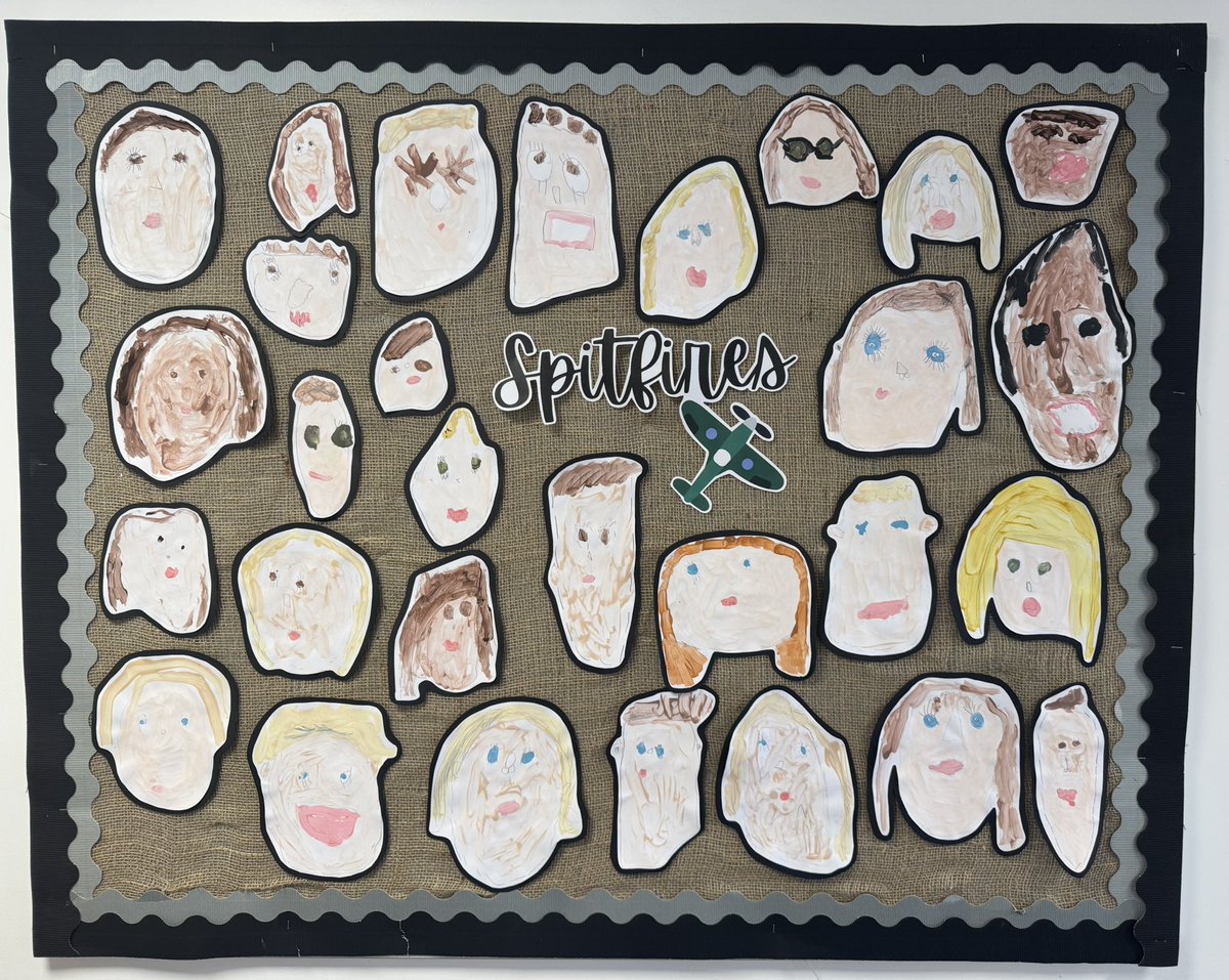 Such beautiful artwork created by the children in my class last term! What a beautiful display it has made 🩷 They carefully selected and mixed the correct colours for their own features 🖼️🎨🖌️