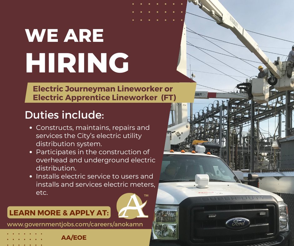 City of Anoka (@cityofanoka) on Twitter photo Anoka is accepting applications for Electric Journeyman Lineworker or Apprentice Lineworker positions (union positions) for <a href="/AmuAnoka/">Anoka Municipal Utility - AMU</a>. Review full job posting and apply at governmentjobs.com/careers/anokamn. Call 763-576-2740 with questions. Deadline: 4:30pm, Fri., May 9, 2025. AA/EOE Anoka is accepting applications for Electric Journeyman Lineworker or Apprentice Lineworker positions (union positions) for <a href="/AmuAnoka/">Anoka Municipal Utility - AMU</a>. Review full job posting and apply at governmentjobs.com/careers/anokamn. Call 763-576-2740 with questions. Deadline: 4:30pm, Fri., May 9, 2025. AA/EOE