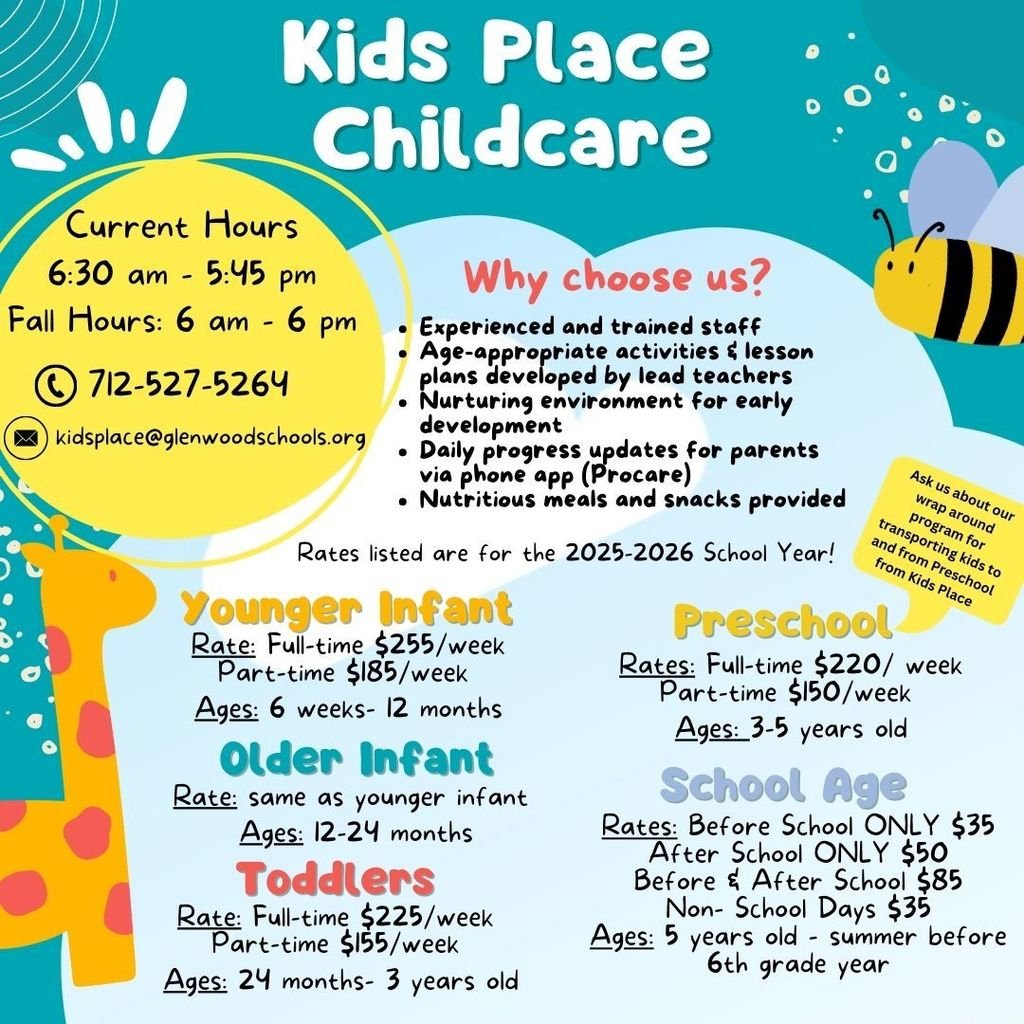 Kids Place Childcare – Now Enrolling! A safe, fun, and nurturing place your kids will love! Secure your child's spot today! 📞 Call us at 712-527-5264 💰 New rates effective September 1